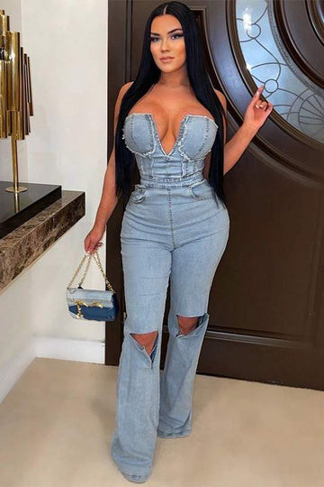 DISTRESSED DENIM JUMPSUITS