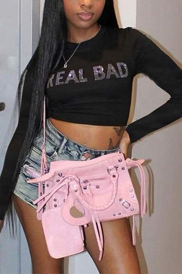 RHINESTONE LETTER GRAPHIC CROPPED SHIRT