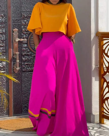 BELL SLEEVE CROP TOP WIDE LEG HIGH WAIST PANTS SET