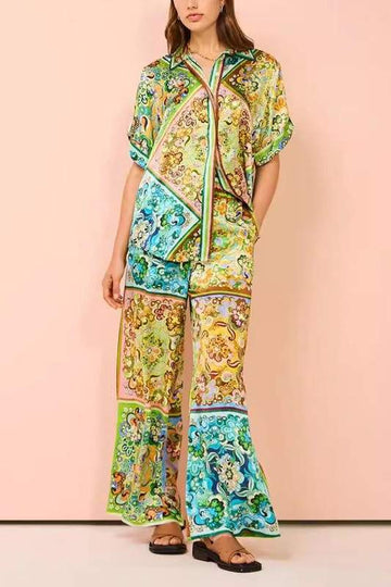 MULTICOLORED COLLARED TOP PANTS SET