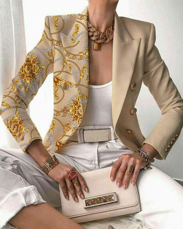 Scarf Print Patchwork Lapel Collar Double Breaster Blazer