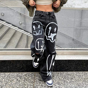 FASHION PRINTING RIPPED DENIM JEANS STREETWEAR PANTS
