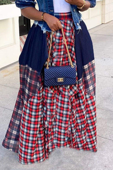 RED FASHION CASUAL PLAID PRINT PATCHWORK REGULAR HIGH WAIST SKIRT
