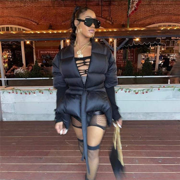DESIGNER BLACK WINTER V NECK TIE WRAP DOWN COATS