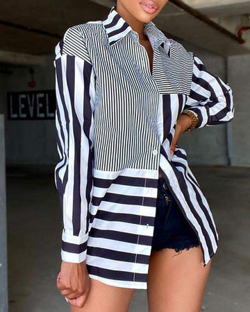 STRIPED PRINT BUTTONED CASUAL SHIRT DRESS