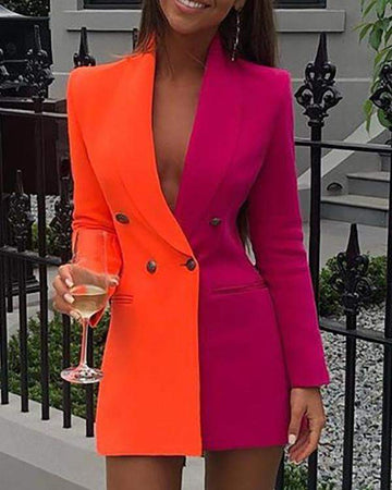 Colorblock Patchwork Long Sleeve Blazer Dress