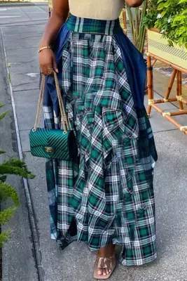 BLUE FASHION CASUAL PLAID PRINT PATCHWORK REGULAR HIGH WAIST SKIRT