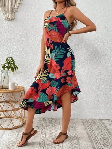 VCAY WOMEN S COLORFUL SUMMER FLORAL PRINT ASYMMETRICAL HEM DRESS