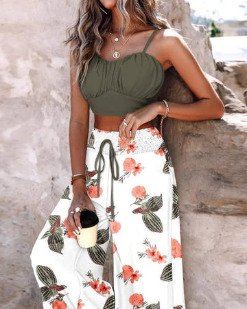 SHIRRED CAMI TOP TROPICAL PRINT PANTS SET