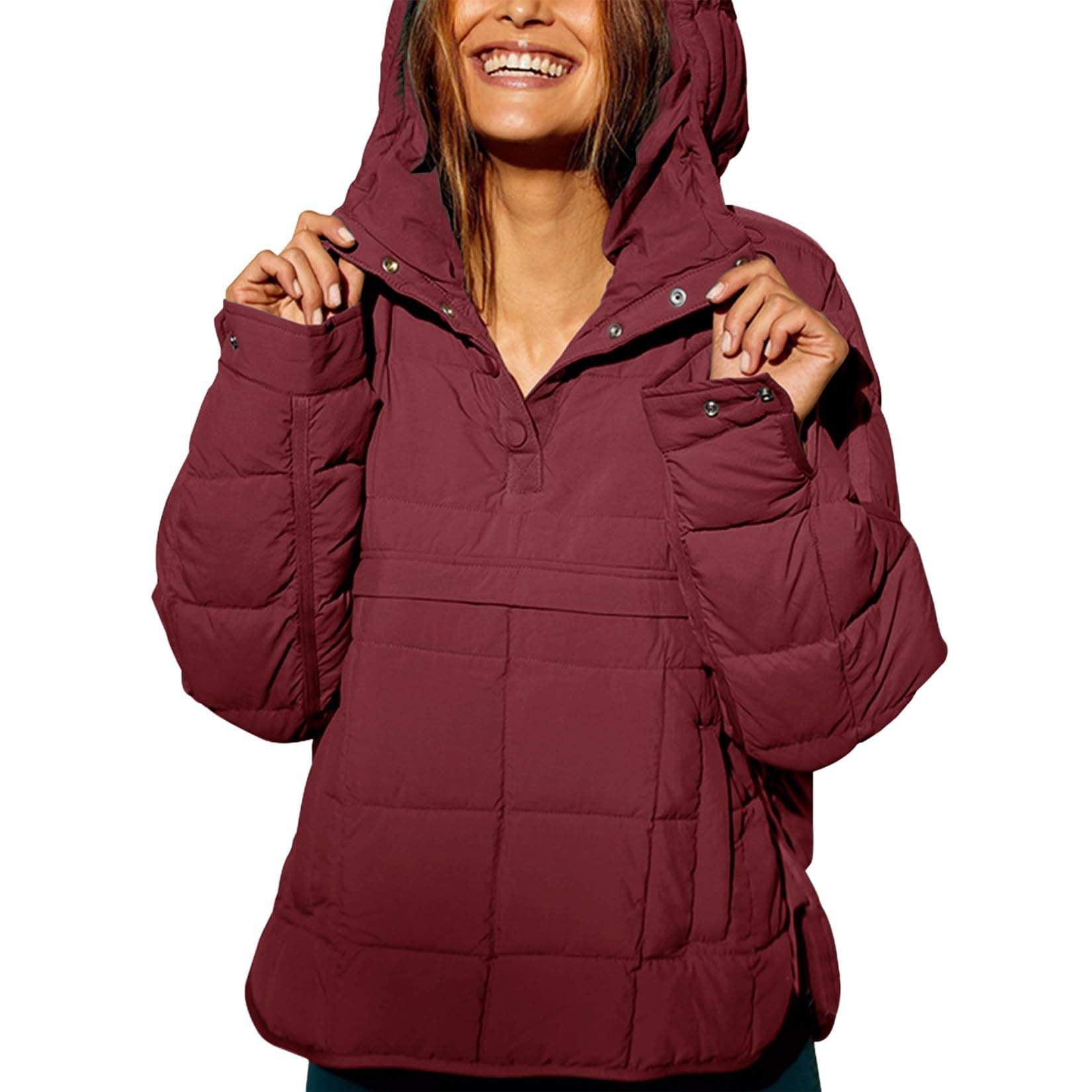 SOLID COLOR HOODED COTTON PADDED FOLDABLE PADDED PULLOVER POCKET LONG SLEEVE COAT FOR WOMEN