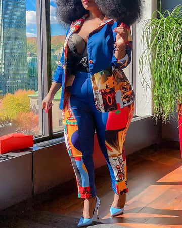 Chic Casual Outfit: Printed Blazer and Trousers