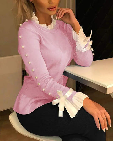 BOWKNOT DECOR BEADED FRILL HEM BELL SLEEVE TOP