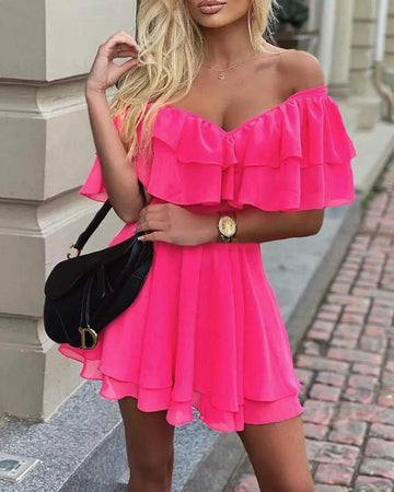 OFF SHOULDER RUFFLE FIT FLARE DRESS