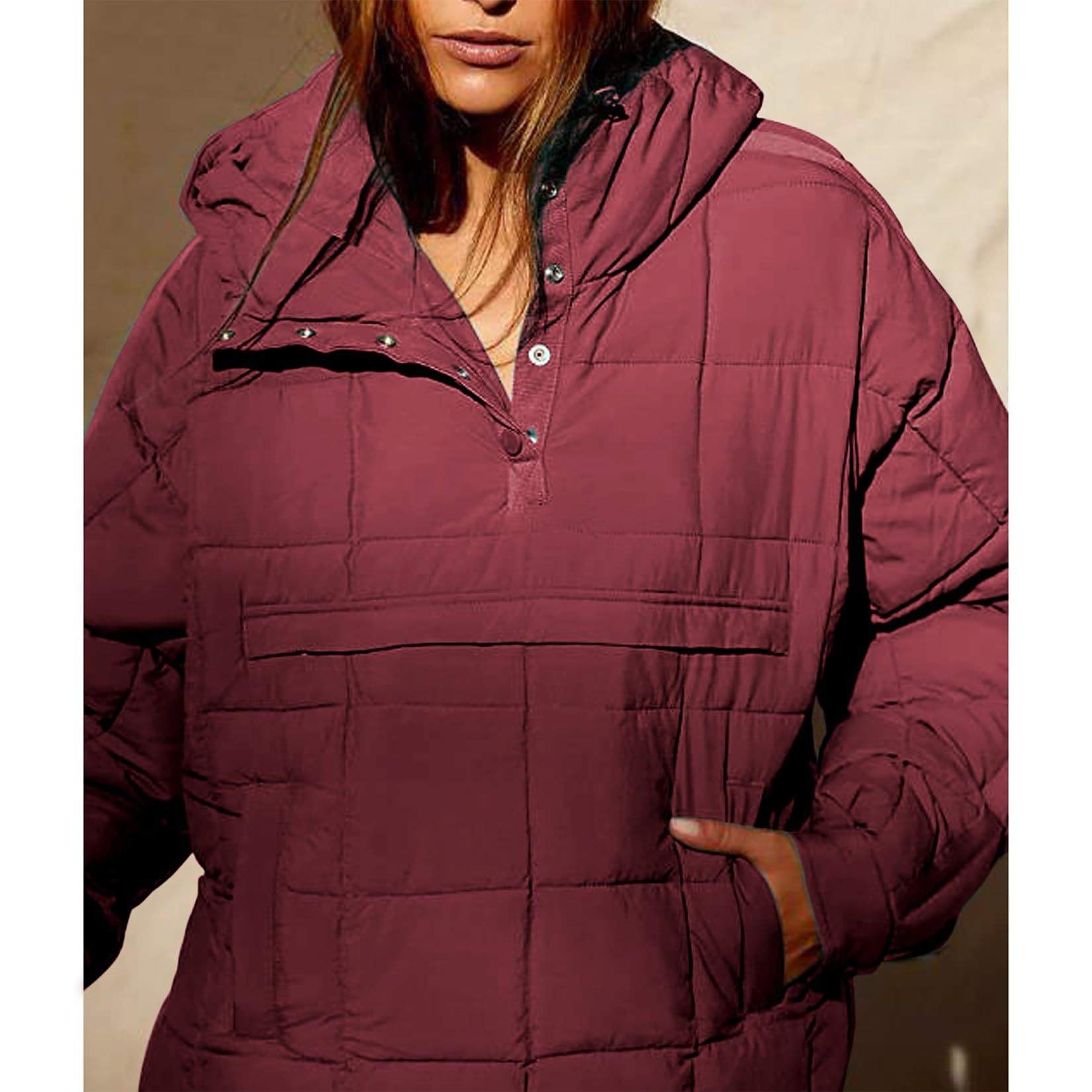 SOLID COLOR HOODED COTTON PADDED FOLDABLE PADDED PULLOVER POCKET LONG SLEEVE COAT FOR WOMEN