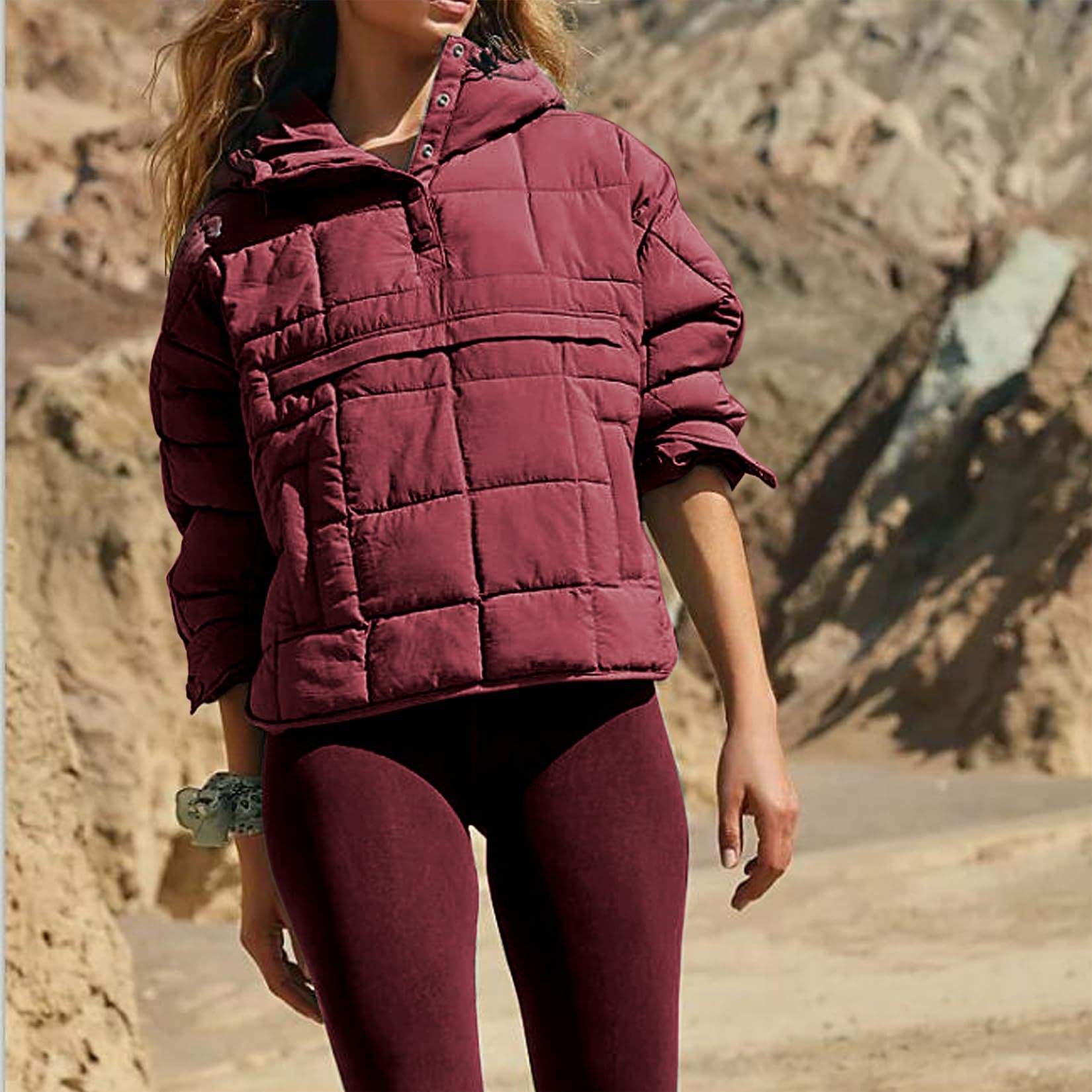 SOLID COLOR HOODED COTTON PADDED FOLDABLE PADDED PULLOVER POCKET LONG SLEEVE COAT FOR WOMEN