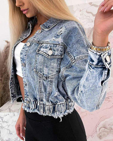 Flap Pocket Button Front Ripped Raw Hem Denim Coat