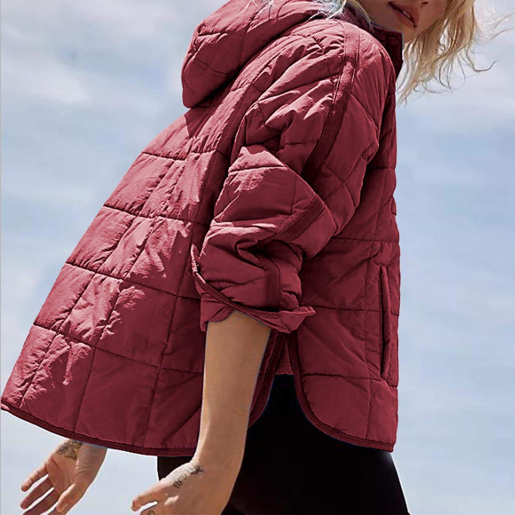 SOLID COLOR HOODED COTTON PADDED FOLDABLE PADDED PULLOVER POCKET LONG SLEEVE COAT FOR WOMEN