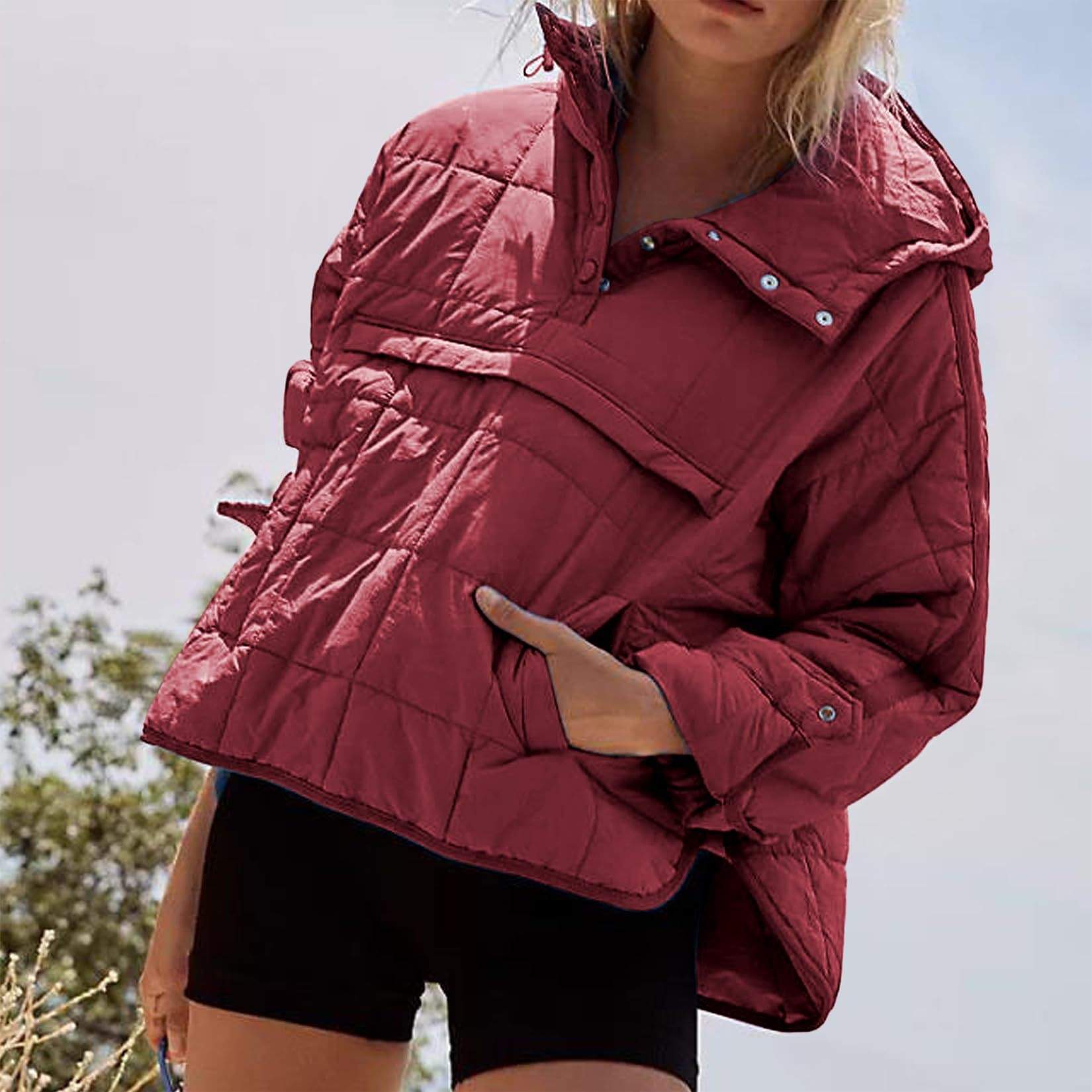 SOLID COLOR HOODED COTTON PADDED FOLDABLE PADDED PULLOVER POCKET LONG SLEEVE COAT FOR WOMEN
