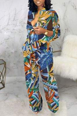 BLUE CASUAL PRINT PATCHWORK V NECK STRAIGHT JUMPSUITS