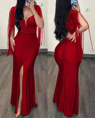 CONTRAST SEQUIN RUCHED SLIT EVENING DRESS