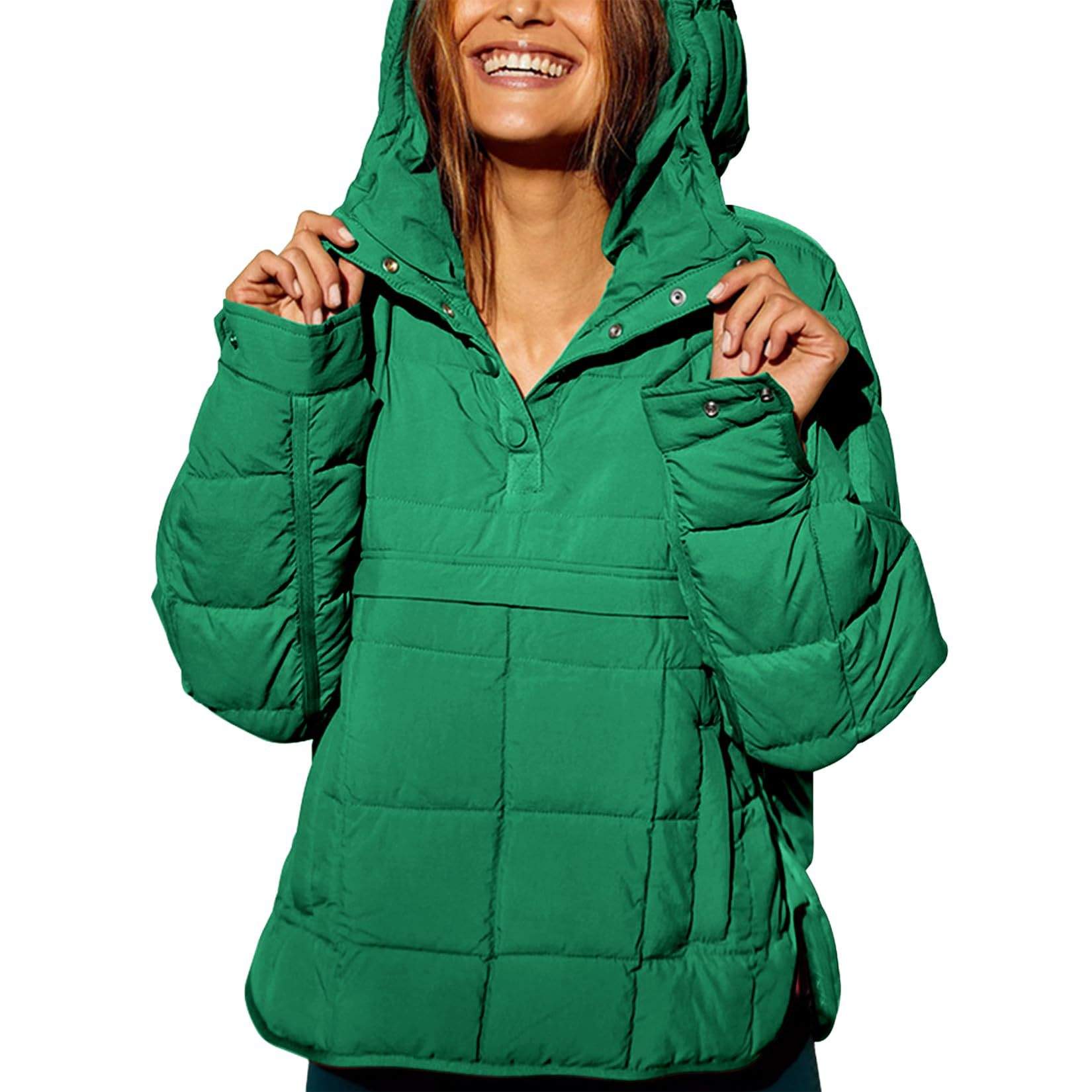 SOLID COLOR HOODED COTTON PADDED FOLDABLE PADDED PULLOVER POCKET LONG SLEEVE COAT FOR WOMEN