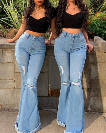 Trendy Flared Jeans High-Waisted Distressed