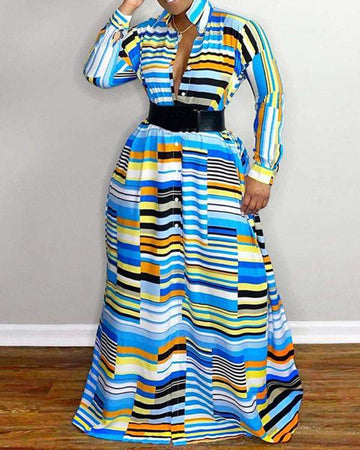 Geometric Print TurnDown Collar Button Front Shirt Dress