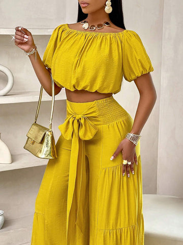 SLAYR SUMMER BEACH VACATION STYLE ONE SHOULDER PUFF SLEEVED RUFFLED STRAPLESS CROP TOP WIDE LEG PANTS SET FOR SUMMER