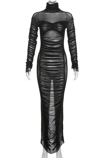 RUCHED MESH MAXI DRESS