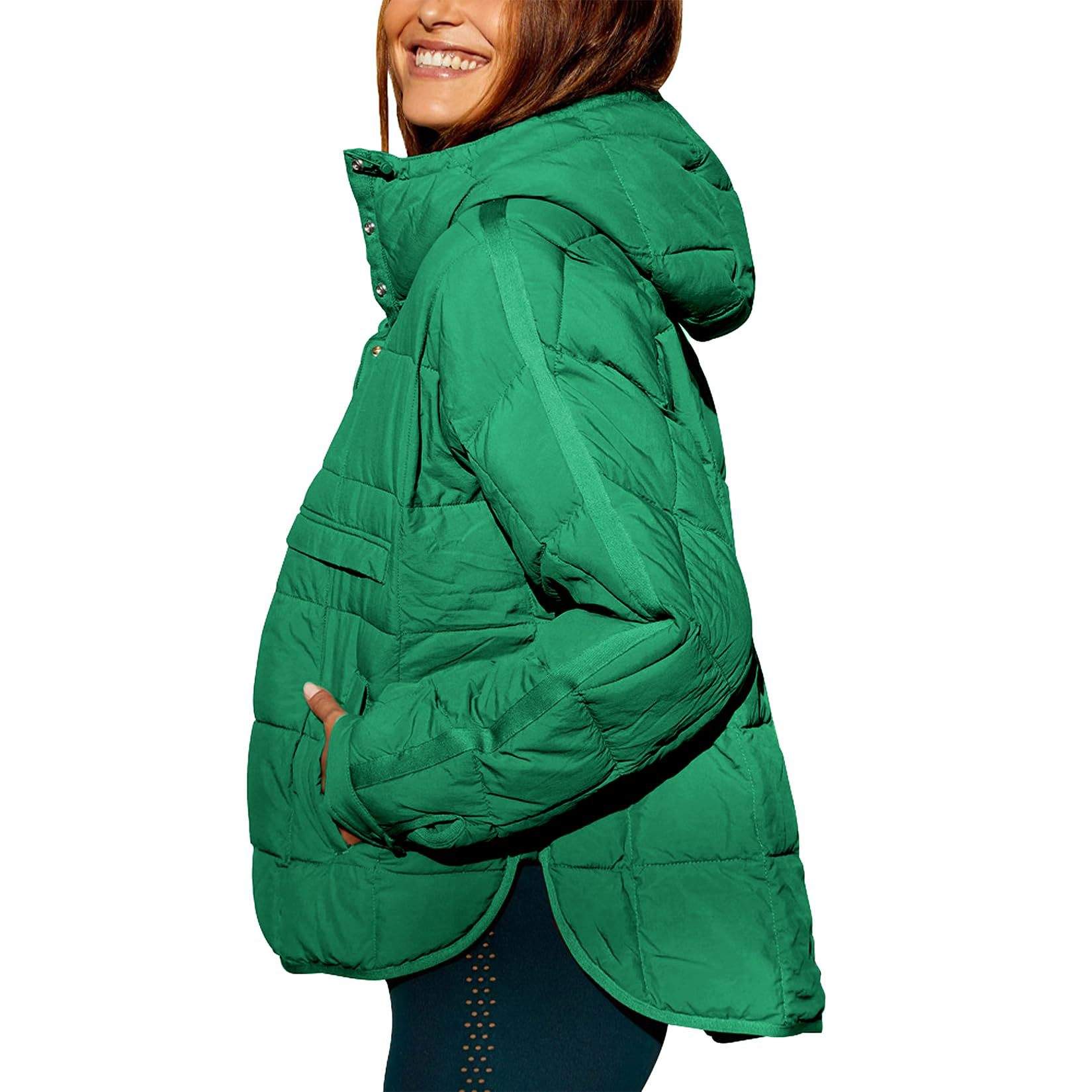 SOLID COLOR HOODED COTTON PADDED FOLDABLE PADDED PULLOVER POCKET LONG SLEEVE COAT FOR WOMEN
