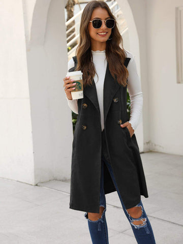 SOLID DOUBLE-BREASTED WATERFALL COLLAR TRENCH VEST