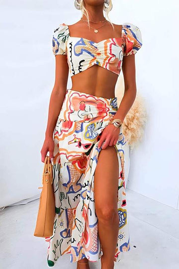 PRINTED PUFF SLEEVES TOP SKIRT SET