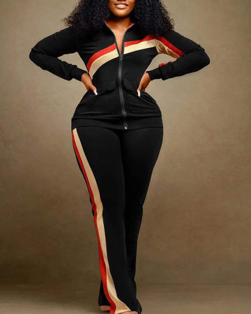 PLUS SIZE CONTRAST PANELED ZIP UP TOP PANTS SET