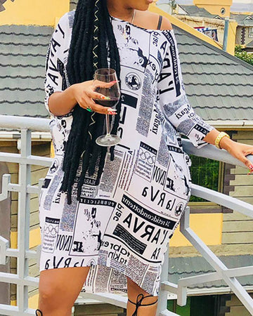 One Shoulder News Paper Print Casual Dress