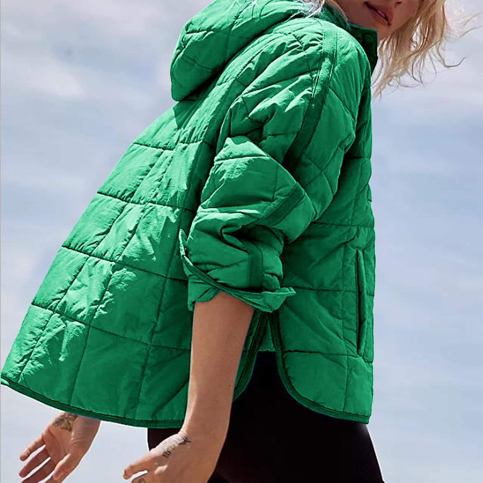 SOLID COLOR HOODED COTTON PADDED FOLDABLE PADDED PULLOVER POCKET LONG SLEEVE COAT FOR WOMEN