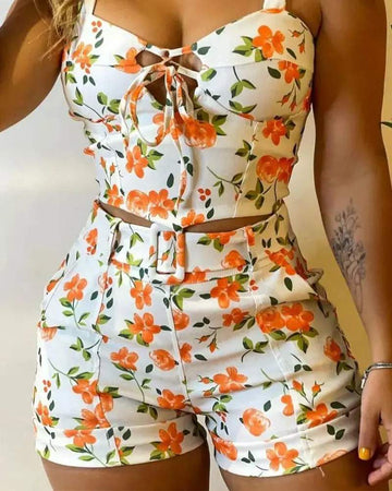 FLORAL PRINT LACE UP CROP TOP SHORTS SET