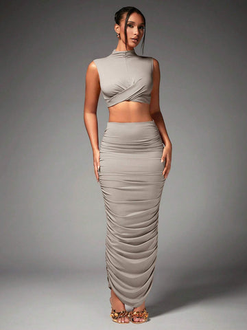 BAE WOMEN S HIGH NECK CROPPED VEST AND PLEATED SKIRT TWO PIECE SET