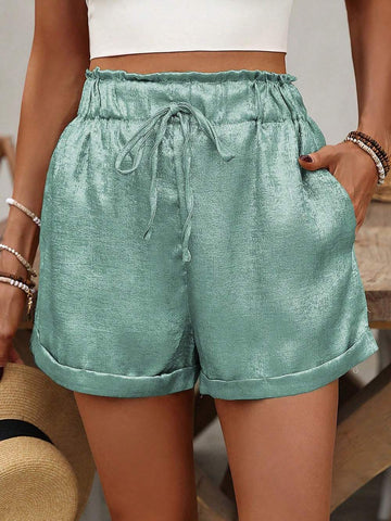 LUNE WOMEN S SOLID COLOR BELTED LACE HEM SHORTS