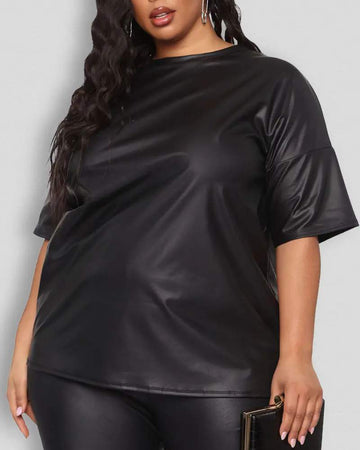 PLUS SIZE PU LEATHER SHORT SLEEVE TOP PANTS SET