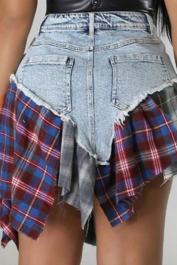 PLAID DENIM SHORTS