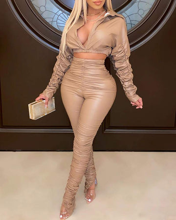 PU Leather Ruched Crop Top High Waist Pants Set