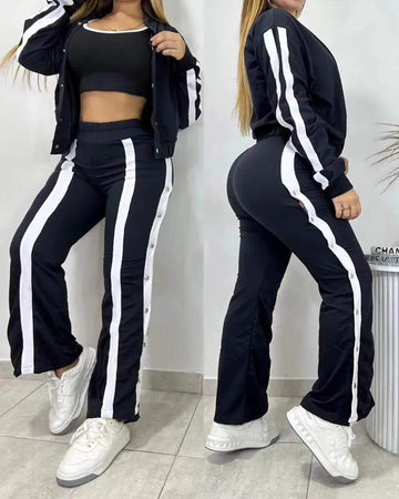 CONTRAST PANELED TANK TOP BUTTONED PANTS SET WITH COAT