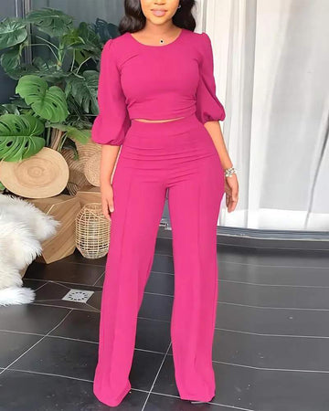ROUND NECK LANTERN SLEEVE TOP PANTS SET
