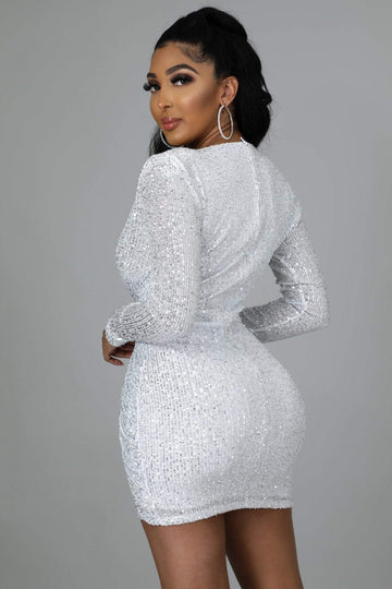 SEQUINED V NECK PLEATED PARTY LONG SLEEVE MINI DRESSES