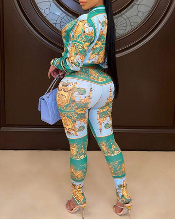 Scarf Print Stripped Zipper Design Top Pants Set