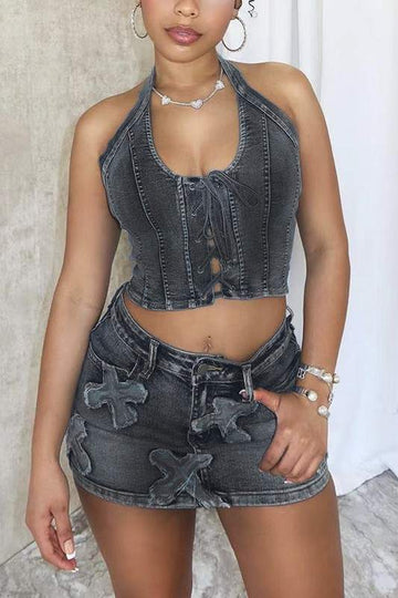 DENIM HALTER TOP AND SKIRT SET