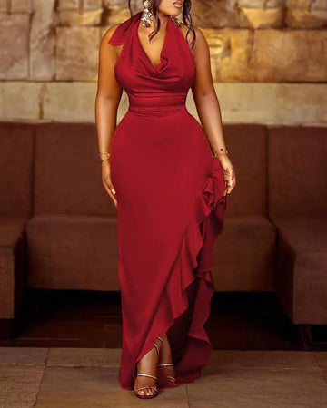 HALTER COWL NECK RUFFLES SLIT BACKLESS PARTY DRESS