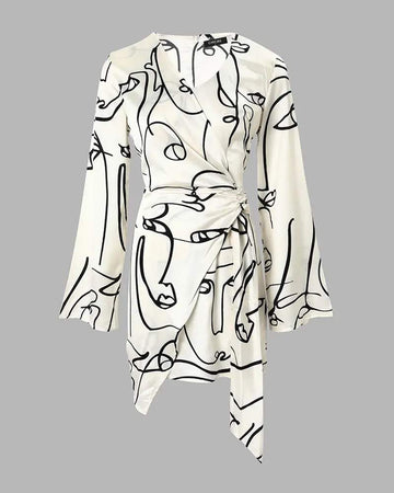 ABSTRACT FIGURE PRINT LONG SLEEVE WRAP DRESS - Missyess