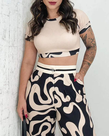 ABSTRACT PRINT CROP TOP POCKET DESIGN PANTS SET - Missyess