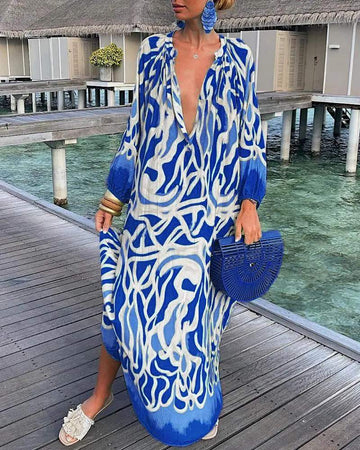ABSTRACT PRINT LANTERN SLEEVE SHIRT DRESS - Missyess